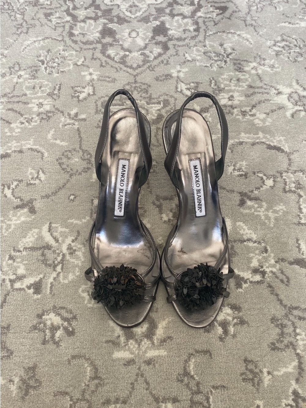Manolo Blahnik Pewter Metallic Slingback Heels with Floral Appliqué